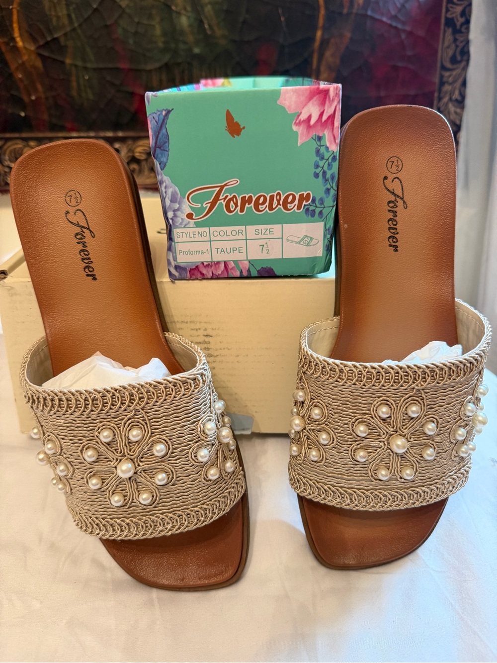Forever 21 Taupe Pearl-Embellished Slip-On Mules